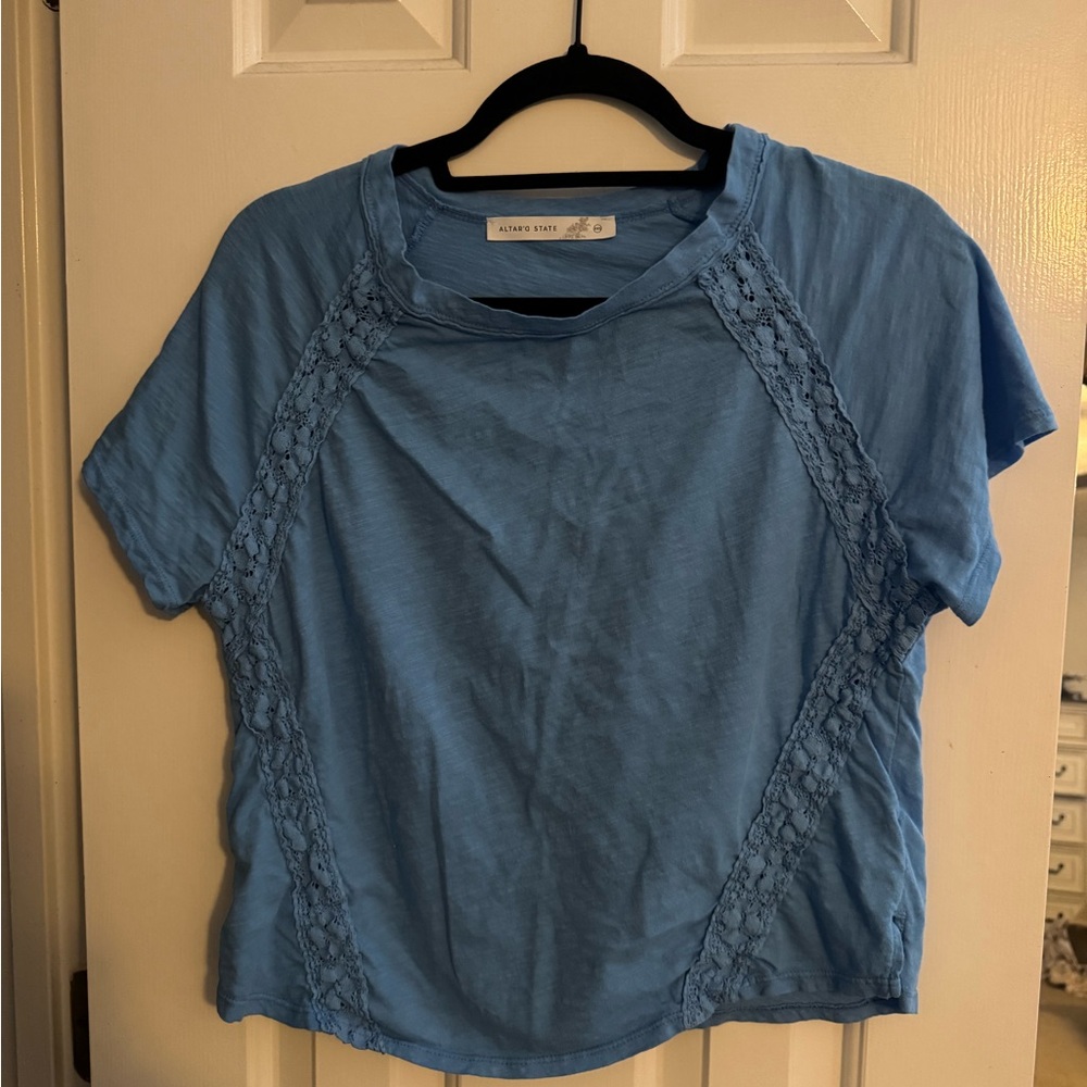 Altar'd State Light Blue Short Sleeve Lace-Trim Tee
